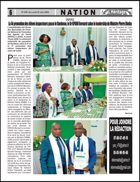 INFAS : la 4ᵉ promotion des élèves inspecteurs passe le flambeau à la 5ᵉ génération de la relève sanitaire le journal "l'héritage"