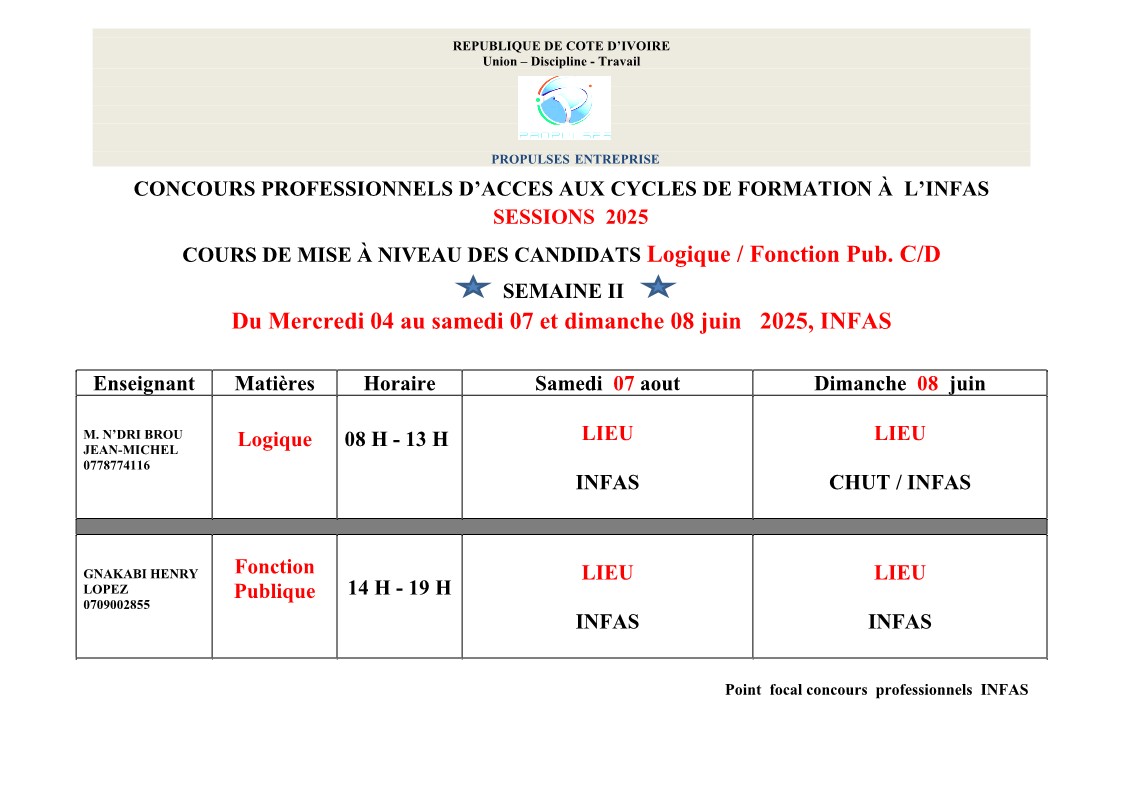 PROGRAMME DES COURS DE MISE À NIVEAU DES CANDIDATS LOGIQUE – INFAS